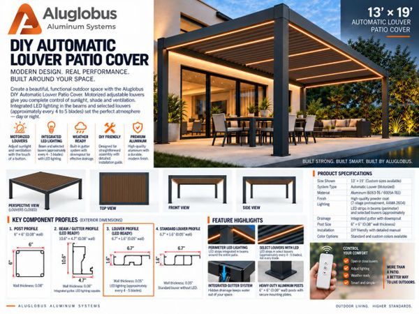 DIY patio cover kit 13 x 19 ft black frame warm teak louver