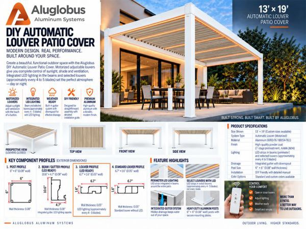 DIY patio cover kit 13 x 19 ft white frame white oak louver