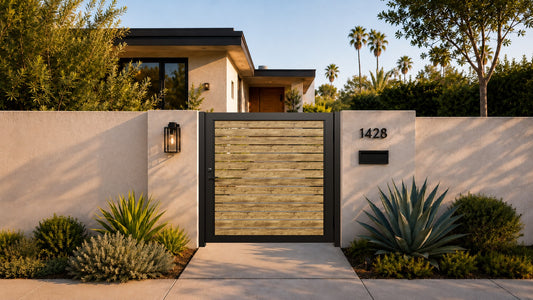 Alu 40 6x6 HD Pedestrian Gate 3D Single Swing SKP Wood like Ipe (Horizontal)