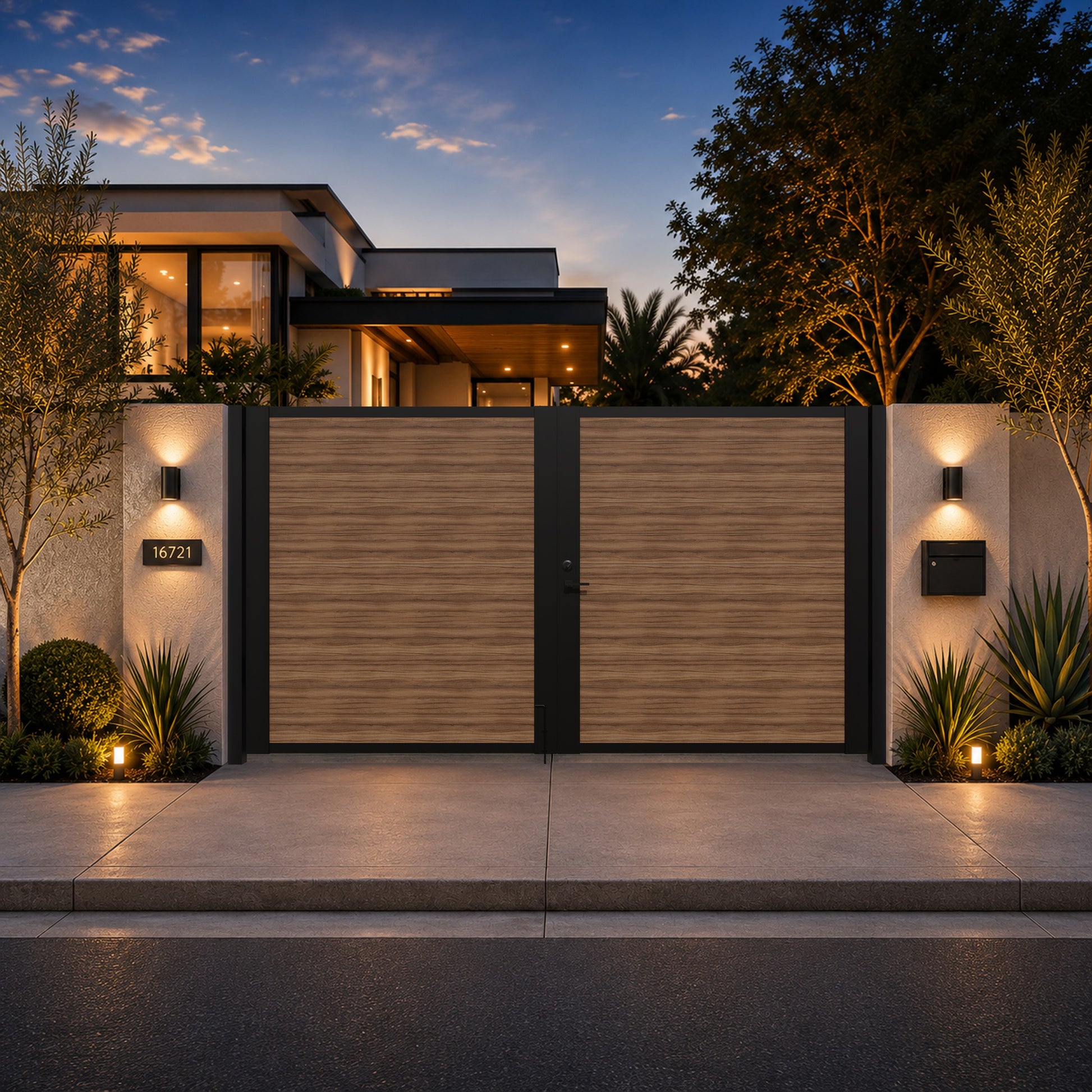 Alu 60 T&G DIY 12x6 Pedestrian Gate wood like Walnut (With Background)