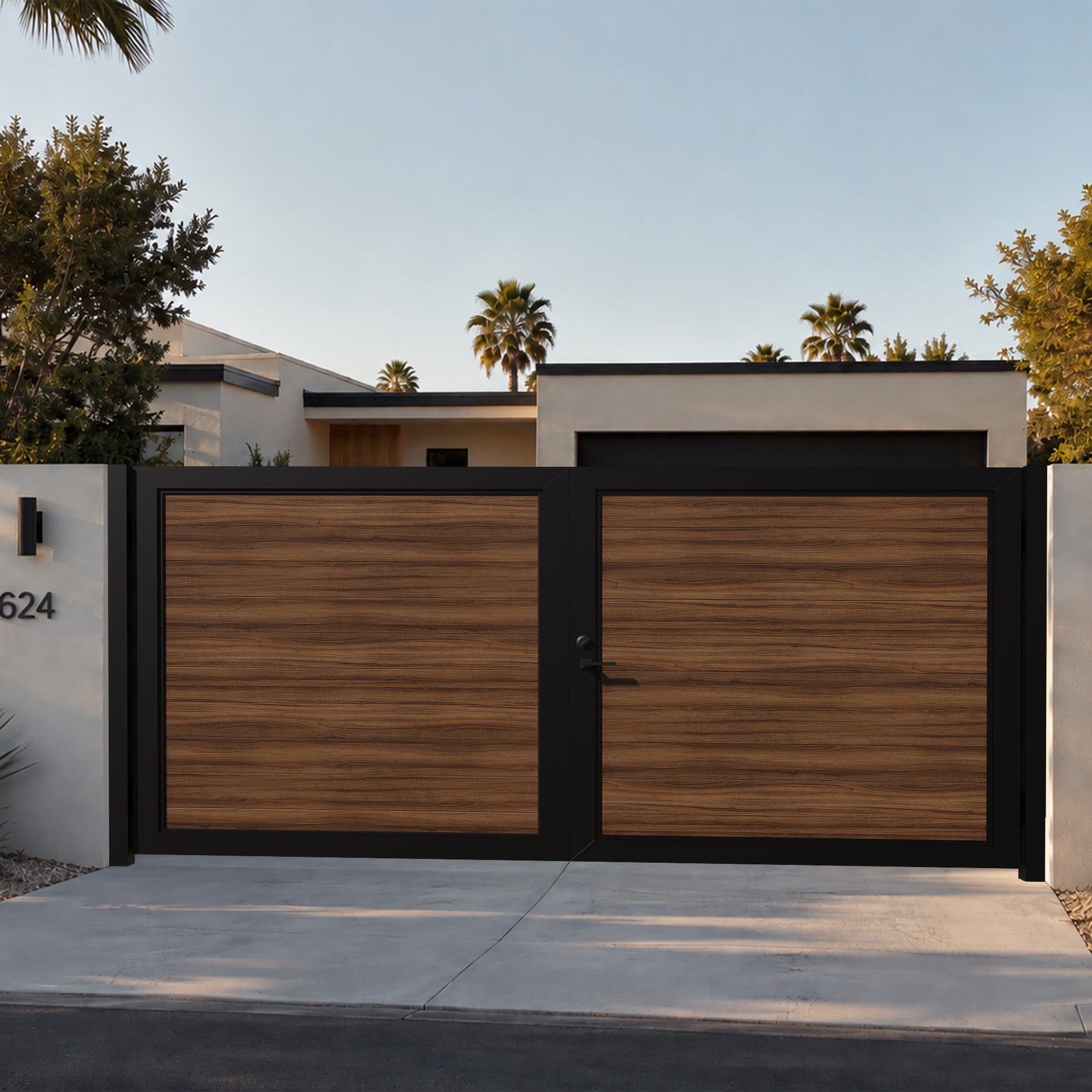 Alu 60 T&G HD 12x6 Pedestrian Gate 3D Double Swing Wood like Walnut