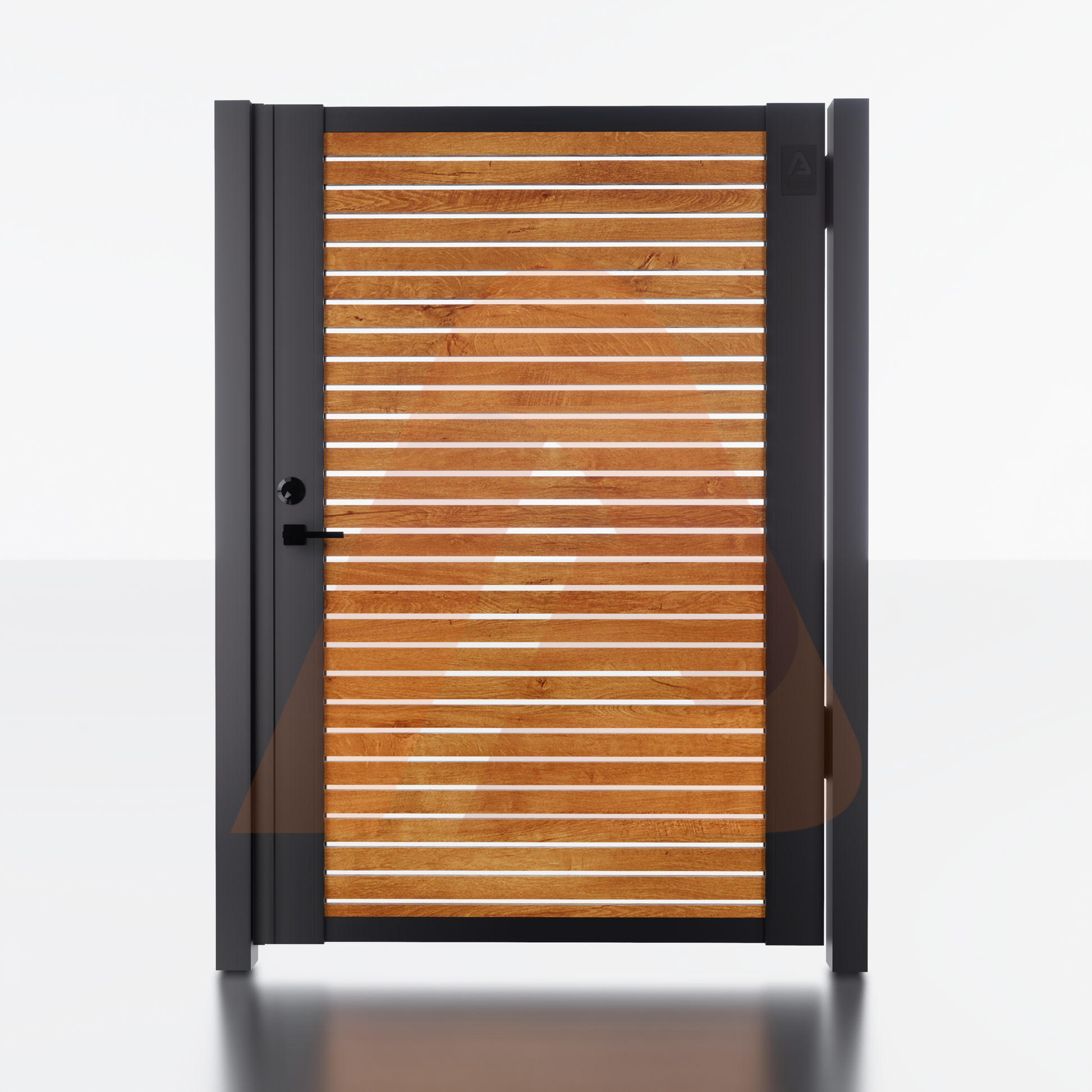 Alu Fence Logo Alu 20 4' x 6' Universal DIY Pedestrian Gate Render (Woodgrain) | Aluminum Gate Kit Alu20 SLAT Universal DIY 6' x 6' Horizontal | Aluglobusfence.com