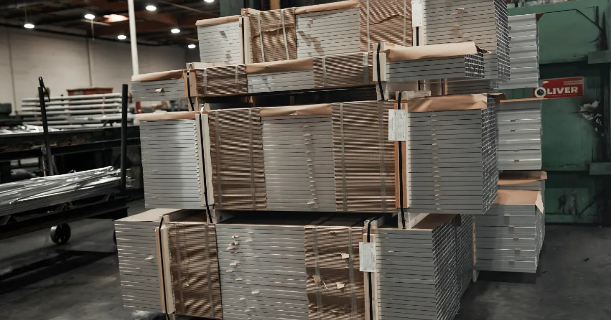 Architectural aluminum profiles stacked at the Aluglobus manufacturing facility