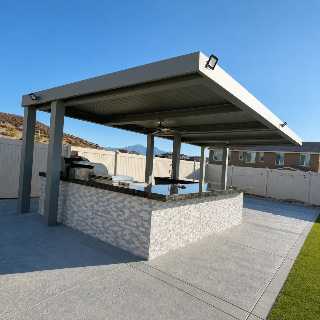 Installed aluminum patio cover system over an outdoor kitchen