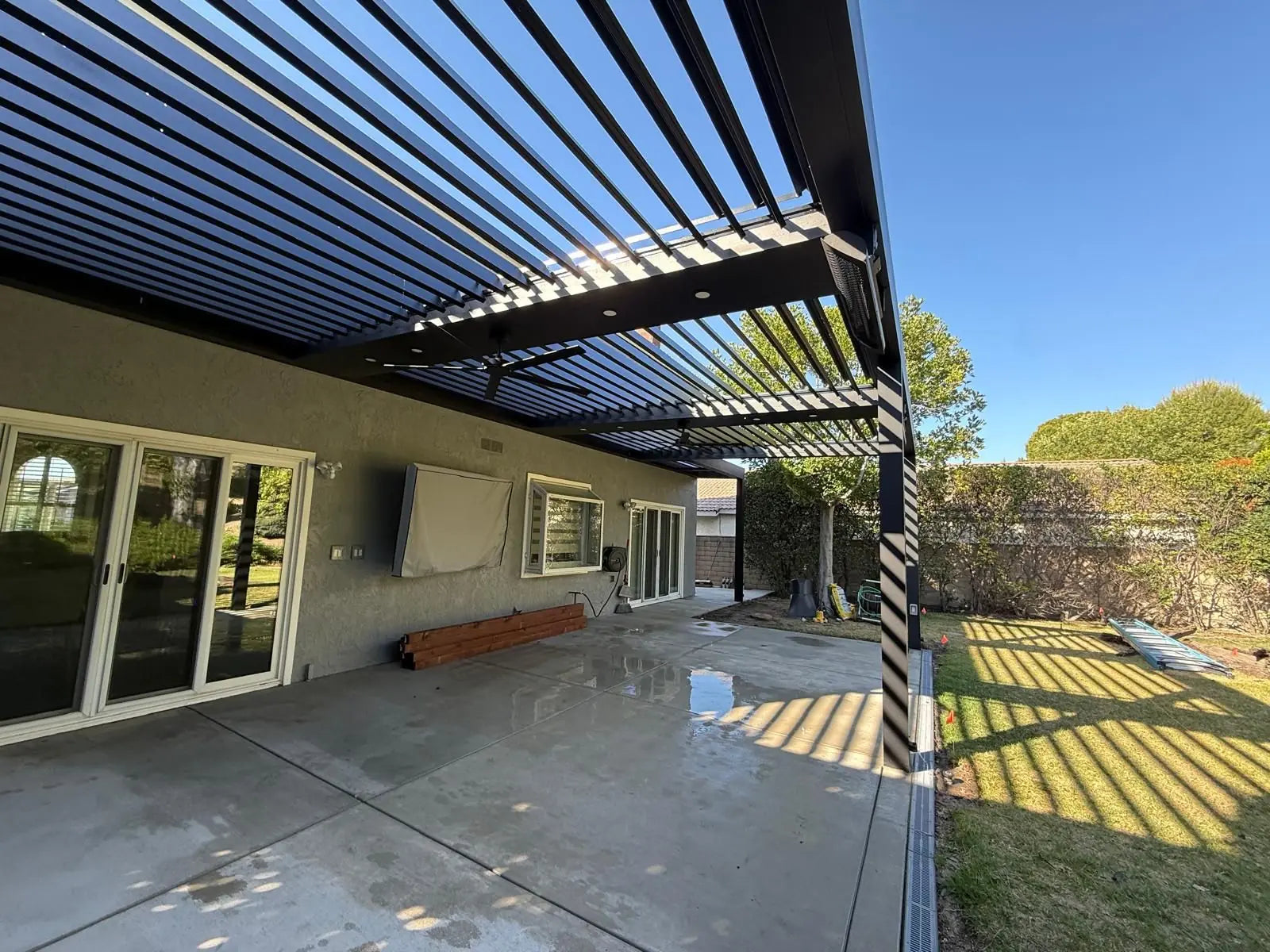 Freestanding aluminum louver patio cover with open architectural sightlines